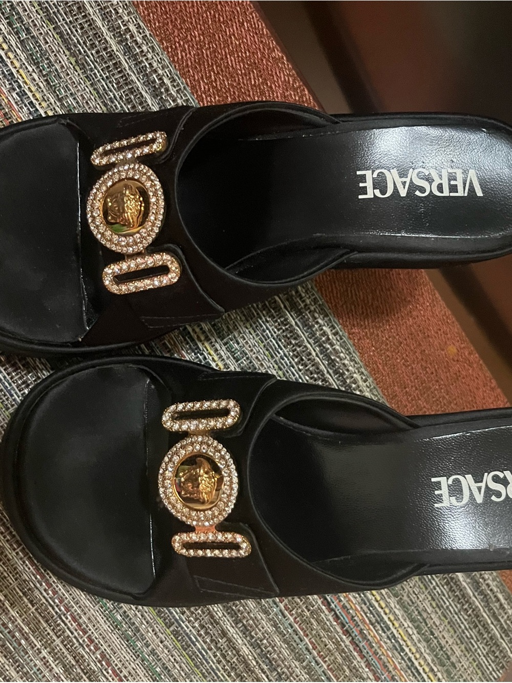 Versace Black Platform Slide Sandals with Gold Medallion Accent - Picture 8 of 8